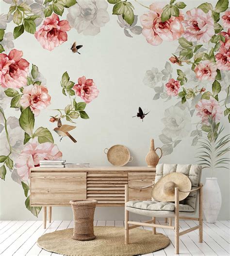 Rose Wallpaper Mural | Vintage Floral Wall Mural | Neutral Wallpaper