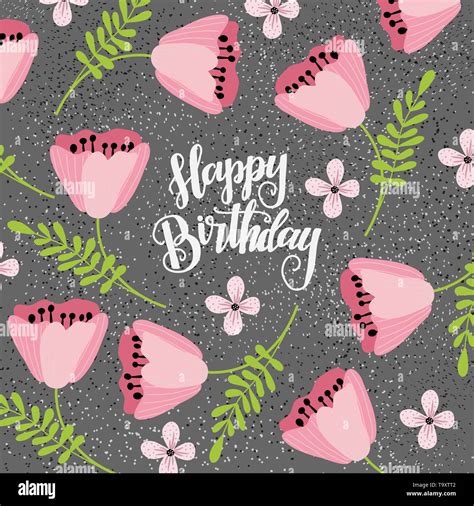 Happy Birthday. Doodle flowers scattered on the background and the congratulatory text. Vector ...