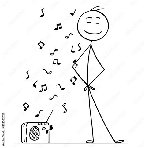 Cartoon stick drawing conceptual illustration of man enjoying listening ...