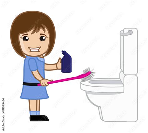 Funny Cute Small Girl Cleaning Toilet - vector clip-art illustration ...