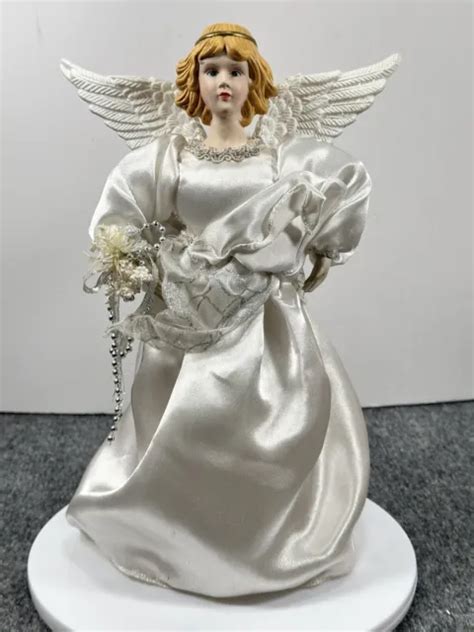 VINTAGE ANGEL CHRISTMAS Tree Topper White Satin Dress With Wings 12 In ...