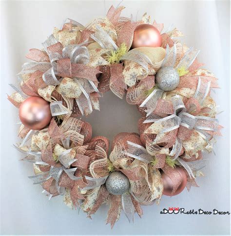 Rose Gold Wreath, Rose Gold Christmas Wreath, Rose Gold Decor, Christmas Wreath, Deco Mesh ...