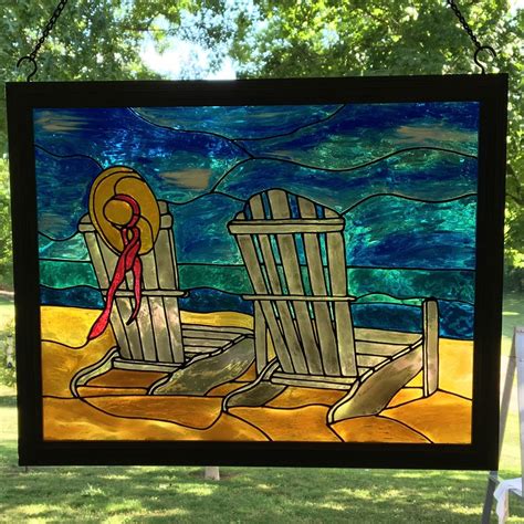 Beach Scene Stained Glass Look/ Handmade Framed Art/ Whitewash Beach Chairs/ Window Art/ Beach ...