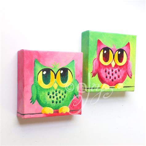 Owl Painting Pink and Green Owl Pair Set of 2 6x6 Acrylic - Etsy