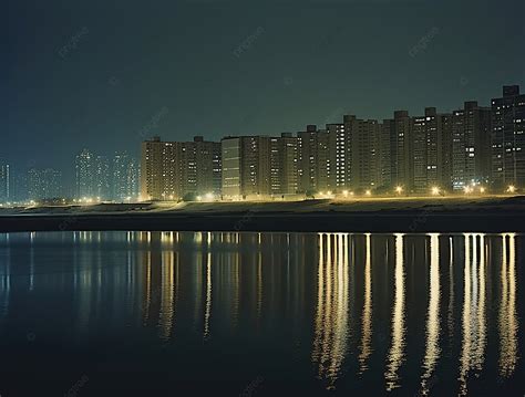 Cityscape With Night Lights At The Beach Reshot From The Shore ...