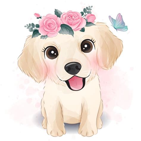 Cute little Golden Retriever with floral illustration 2063818 Vector Art at Vecteezy