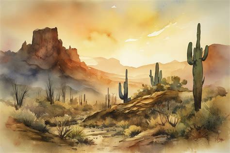 Paint a watercolor landscape of a desert scene with towering rock formations, intricate cacti ...