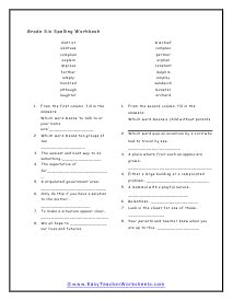 6th Grade Spelling Worksheets