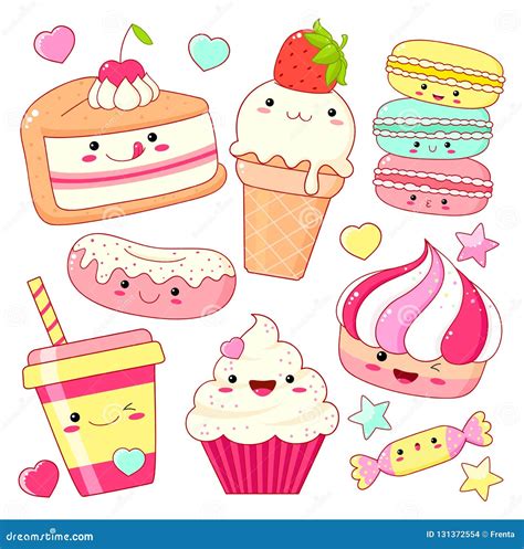 Sistema De Iconos Dulces Lindos En Estilo Del Kawaii Ilustración del Vector - Ilustración de ...