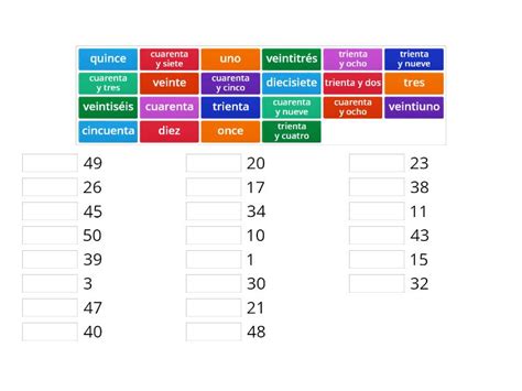Spanish numbers 1 - 50 - Une las parejas