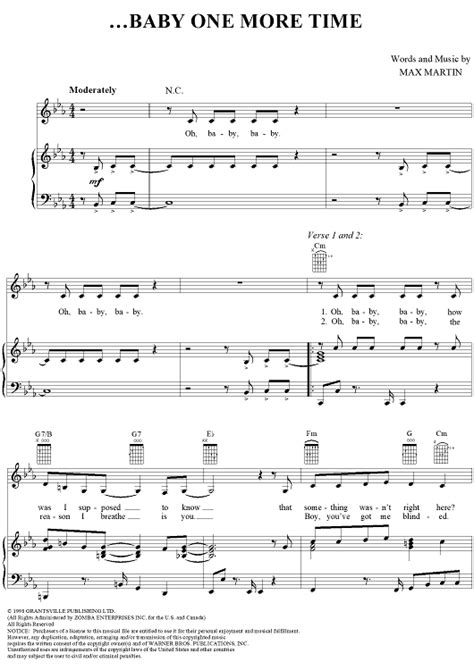 ...Baby One More Time" Sheet Music by Britney Spears for Piano/Vocal ...