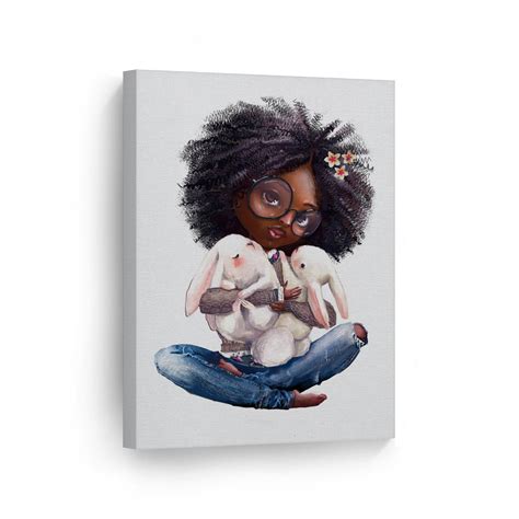 Smile Art Design Curly Girl Afro African American Kid Girl Cuddle with Bunnies Watercolor ...