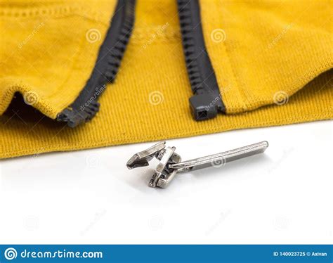 Broken Zipper on Yellow Shirt Jacket. Detail Close-up Photo Stock Image ...