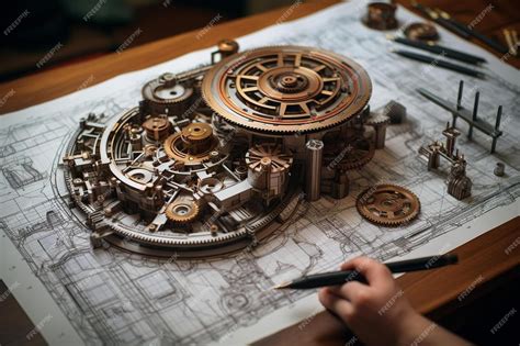 Premium Photo | A drawing of a mechanical clock on a table