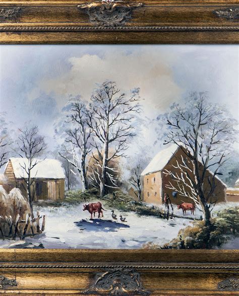 Oil Painting Country Farm in Winter Wall Decor on Canvas in Gold Frame