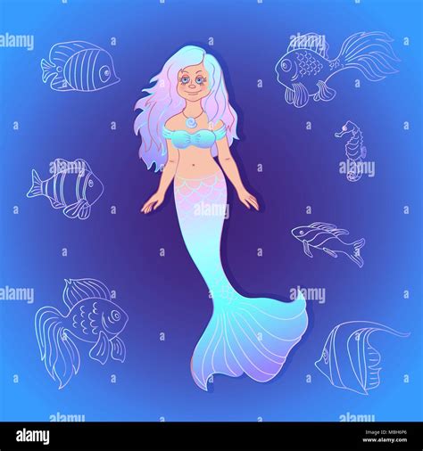 Vector pretty little siren mermaid with silhouette sea fishes on the ocean water background ...