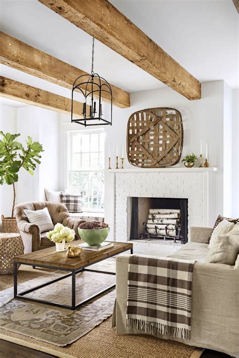 I love the wood beams on the ceiling. It a nice contrast. Beams Living Room, Farmhouse Living ...