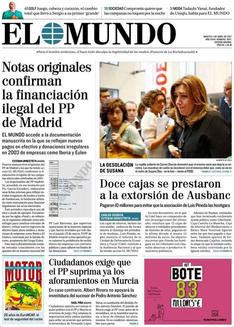 Periódico El Mundo (España). Periódicos de España. Edición de martes, 11 de abril de 2017 ...