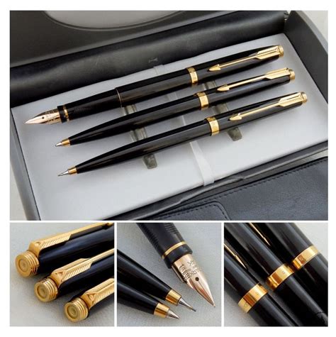 Parker 75 Black Lacquer GT Pen Set - Fountain Pen + Ballpoint + Pencil + Leather Pouch - Catawiki