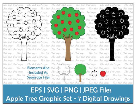 Apple Tree Vector Clipart / Outline & Silhouette Drawing | Etsy