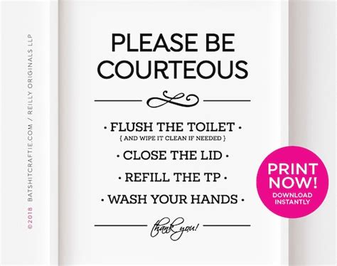 PRINTABLE Please Be Courteous Flush Close Lid Wash Hands Cute - Etsy