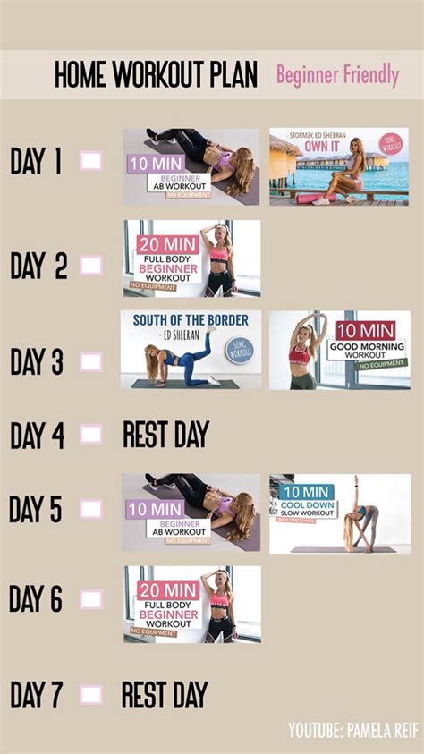 Here’s a home workout plan by Pamela Reif for beginners 5 Day Workout Plan, Weekly Workout Plans ...