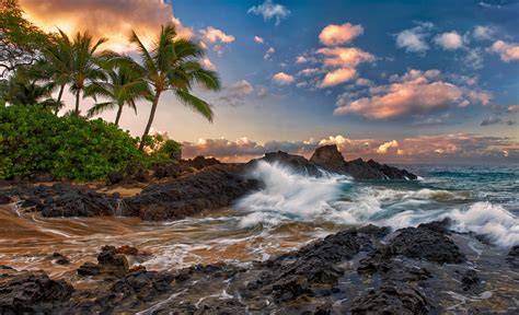 Wallpaper : Maui, Hawaii, Pacific Ocean, rock, Surf, rocks, palm trees, clouds, tropical, coast ...