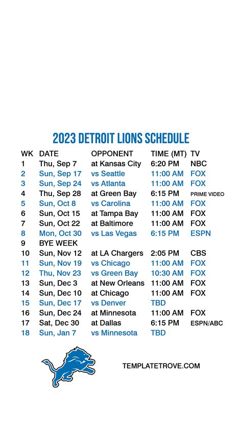 2023-2024 Detroit Lions Lock Screen Schedule for iPhone 6-7-8 Plus