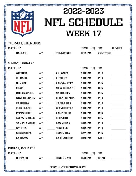 Printable 2022-2023 NFL Schedule Week 17