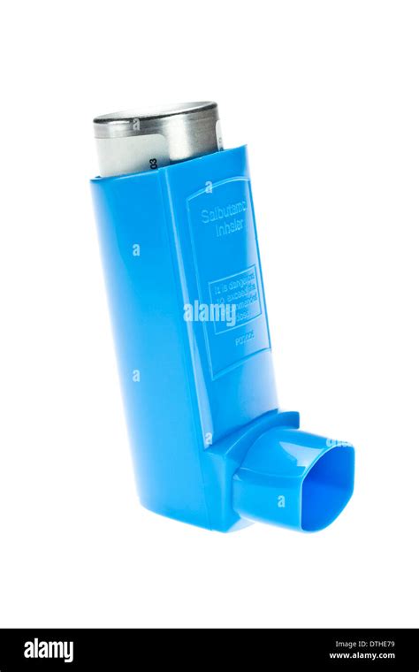 Blue reliever inhaler salbutamol inhaler asthma on a white background Stock Photo - Alamy