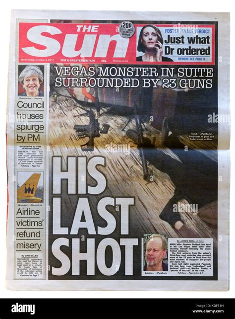 The Sun newspaper headline after the Las Vegas mass shooting on 1st October 2017, showing the ...