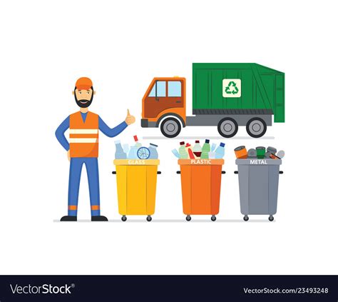 Garbage man in uniform thumbs up trash bins Vector Image