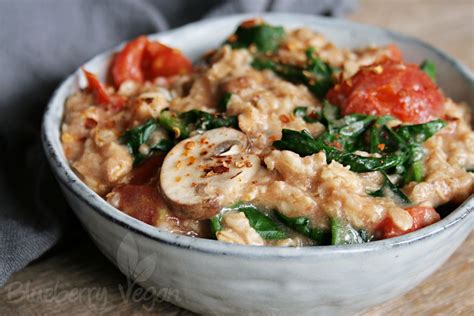 Savory Porridge with Tomatoes, Mushrooms and Spinach - Blueberry Vegan