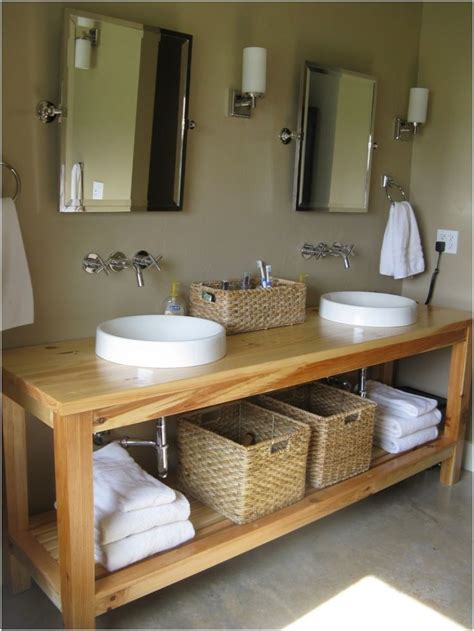 Simple Round Sinks and Wicker Baskets on Minimalist Wooden from Bathroom Cab… | Farmhouse ...