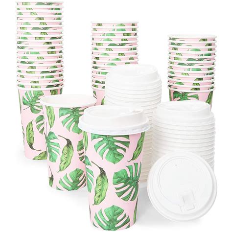 48-Pack 16 oz. Disposable Paper Coffee Cups with Lids, Insulated for Hot Beverage in Tropical ...