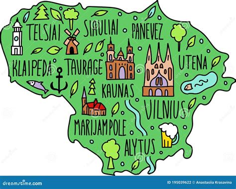 Colored Hand Drawn Doodle Lithuania Map. Lithuanian City Names ...