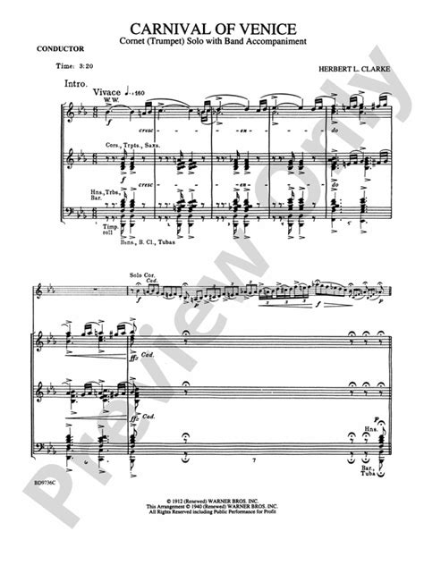 Carnival of Venice (Cornet (Trumpet) Solo with Band Accompaniment): Concert Band Conductor Score ...