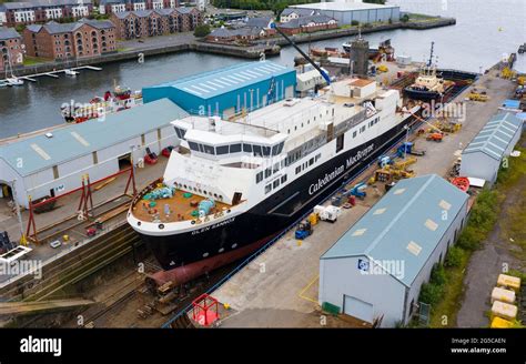 Aerial view of controversial CalMac ferry MV Glen Sannox in Dales Dry Dock in Greenock on the ...