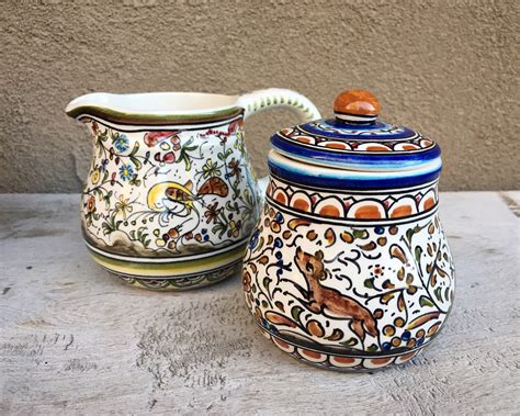 Portuguese Majolica Pottery Sugar Bowl and Collectible Creamer Set ...