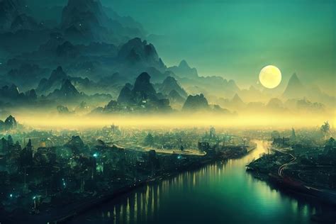 Premium Photo | Fantasy japanese night landscape concept art digital painting fantasy illustration