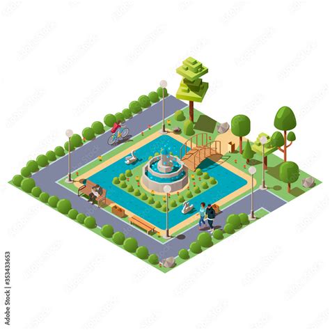 Isometric green city park with people, pond, bridge, plants, benches and fountain in centre ...