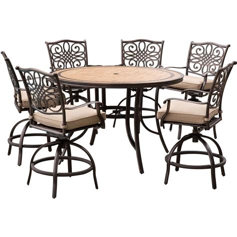 Hanover Monaco 7-Piece Aluminum Outdoor High Dining Set with Round Tile-Top Table and Swivel ...