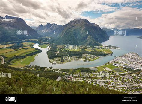 Norway landscape. Romsdal fjord, Rauma river and Romsdal mountains ...