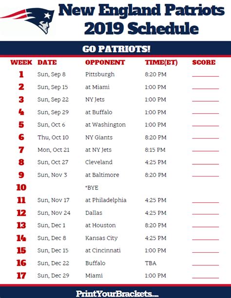 New England Patriots Printable Schedule