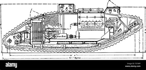 Mark I Tank Plan with the interior moving mechanical parts labeled, vintage line drawing or ...