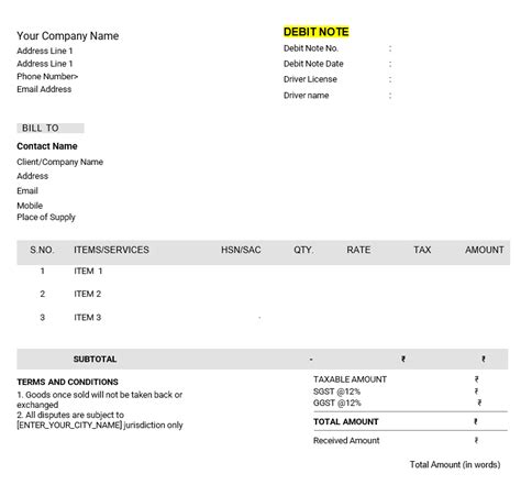 Debit Note Format in Word | Download Debit Note Format Word