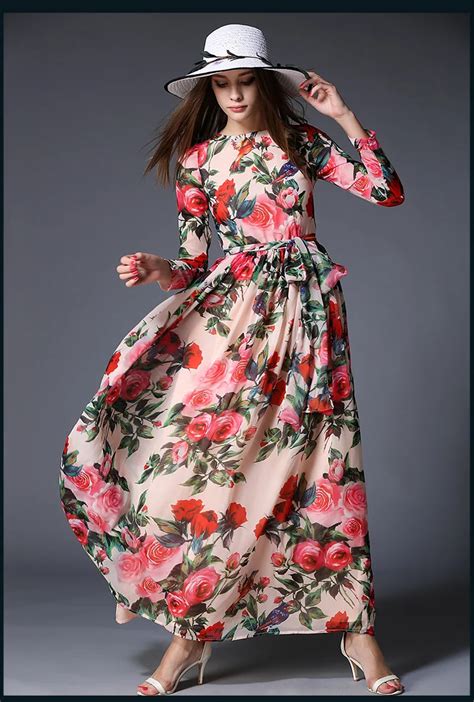 2018 Long Sleeve O Neck Floral Print Maxi Dresses Women Maxi Chiffon Dresses Women A line Floral ...