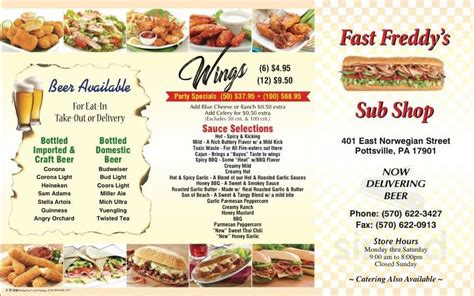 Fast Freddy's Sub Shop menu in Pottsville, Pennsylvania