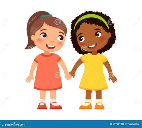 Two Multiracial Little Girls Holding Hand, Cartoon Characters. Vector Illustration ...