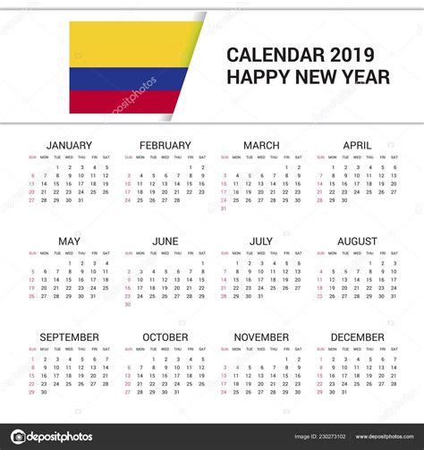 Calendar 2019 Colombia Flag Background English Language Stock Vector ...